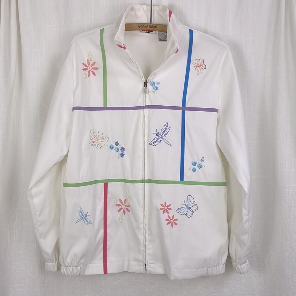 Vintage ALIA SPORT white spring jacket pastel embroidery dragonfly butterfly